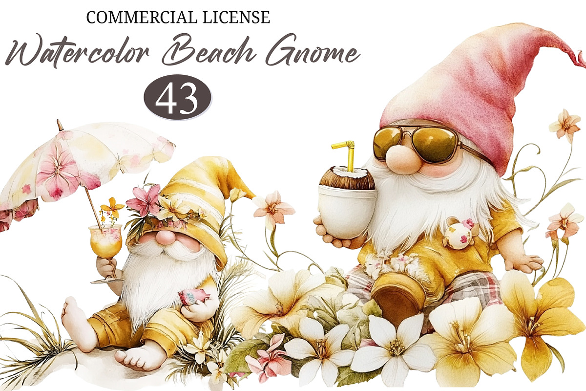 Watercolor Beach Gnome Clipart, an Illustration by designcity5 (Photo 1 of 5)