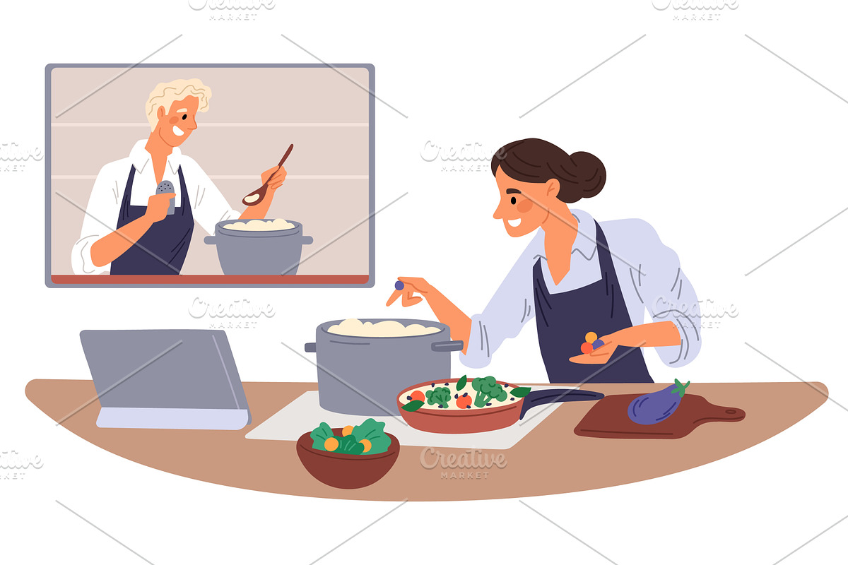 Woman learns how to cook food from, an Education Illustration by Vectorbuum