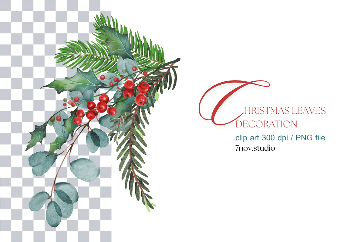 Christmas Leaves Decoration, a Seasonal Illustration by 7nov.studio (Photo 2 of 7)