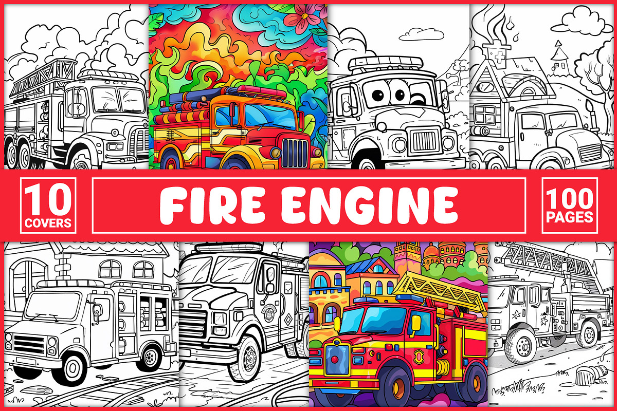 100 Fire Engine Coloring Pages, a Transportation Illustration by BrightMart