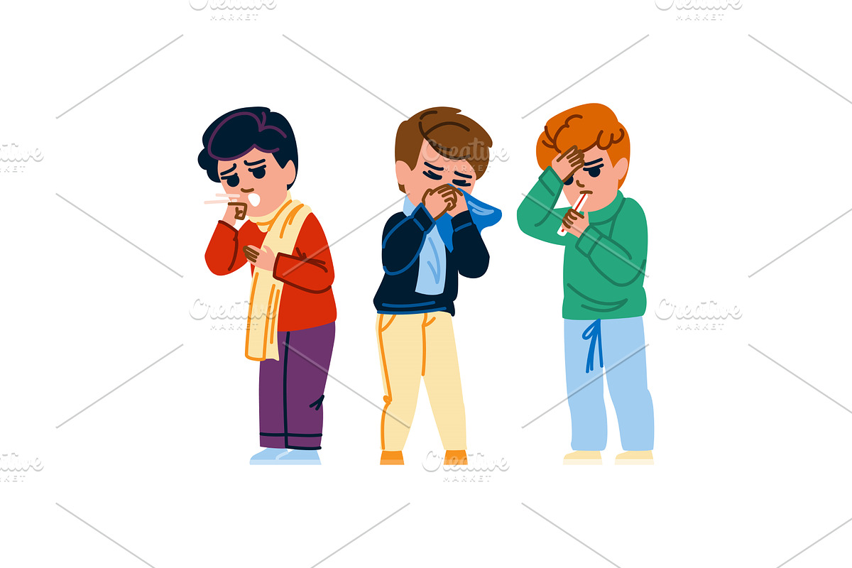 cough sick kid boy vector, a Person Illustration by pikepicture
