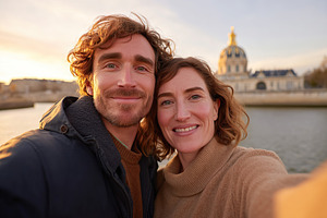 Couples enjoying sunset selfies in front of a historic building by the riverban, a Person Photo by AlyaAnd