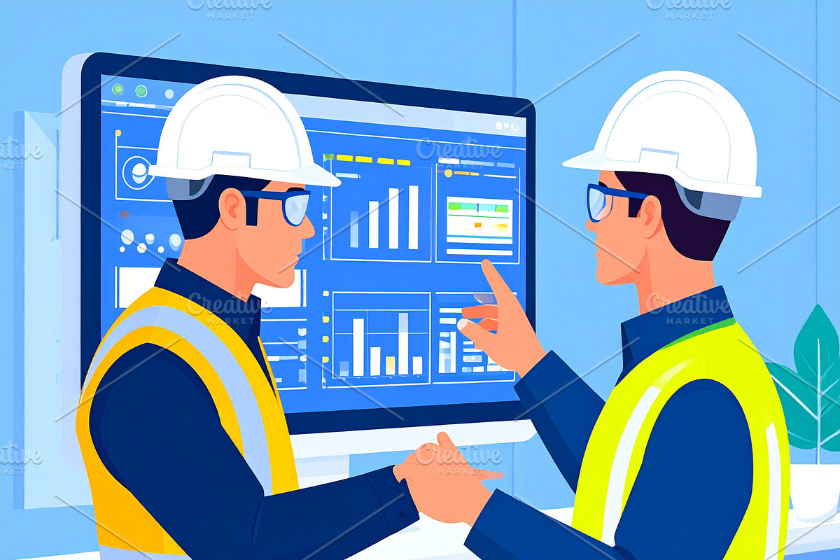 Engineers in control room discussing technical data, a Person Illustration by DanFLCreativo