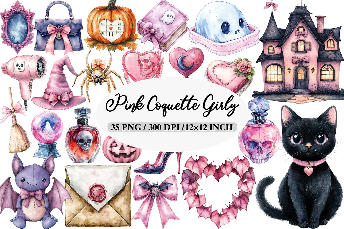 Pink Coquette Girly Halloween Clipar, an Illustration by Daily.Designs (Photo 1 of 5)