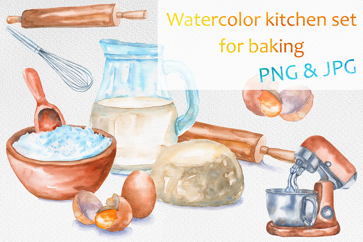 Watercolor kitchen set for baking, a Food Illustration by Olha's watercolor (Photo 1 of 7)