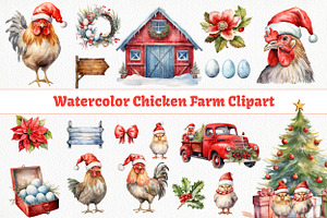 Christmas Chicken Watercolor Clipart