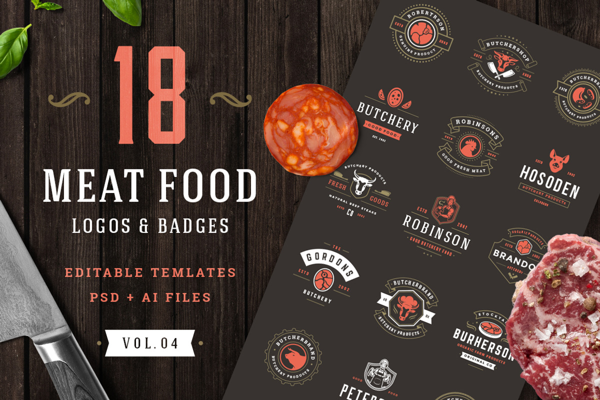 18 Meat Food Logos and Badges, a Branding & Logo Template by Vasya Kobelev (Photo 1 of 12)