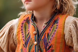 Young girl in colorful embroidered vest outdoors, a Person Photo by AlyaAnd