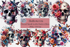 Halloween Floral Skull & Butterflies, an Illustration by Creative Art