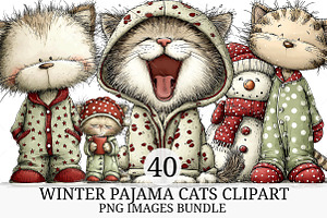 Winter Pajama Cats Clipart, an Illustration by Craft Nest