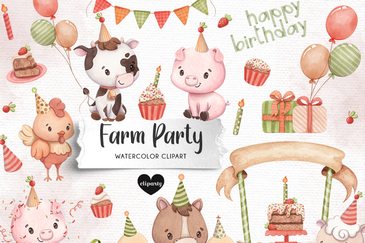 Farm Birthday - Watercolor Clipart, an Animal Illustration by Gau Silva Studio (Photo 1 of 5)