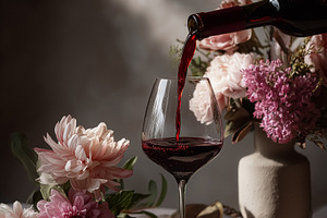Pouring red wine into a glass on a table with beautiful pink and purple flowers, a Food & Drink Photo by Studio ANNA