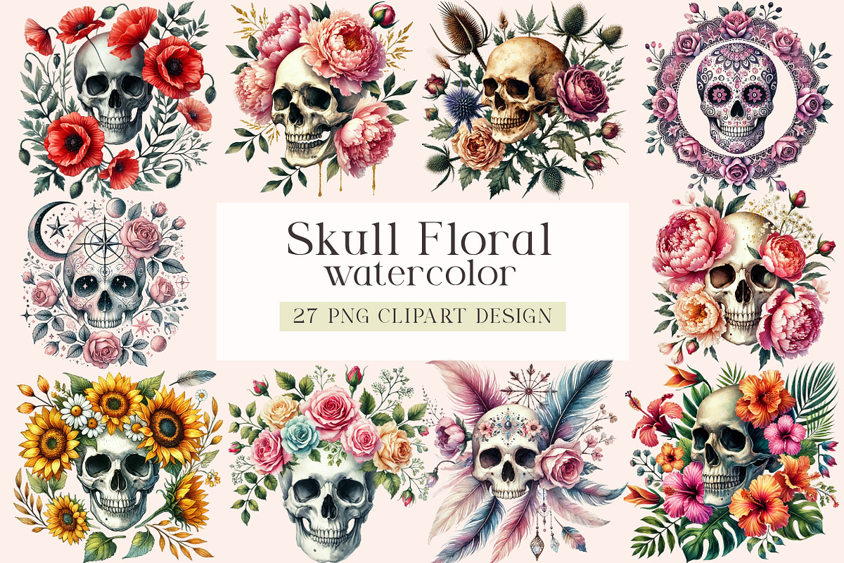 Skull Floral Sublimation Clipart Bun, an Illustration by DreamArtGraphic (Photo 1 of 5)