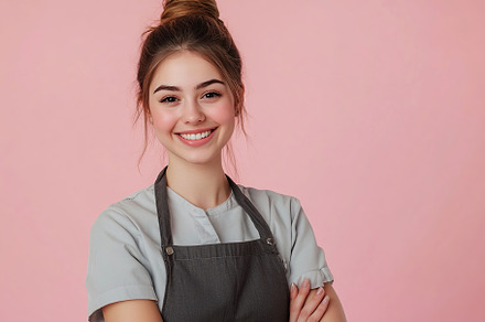 Cute young female housekeeper in uniform on pink background, a Person Photo by AlyaAnd