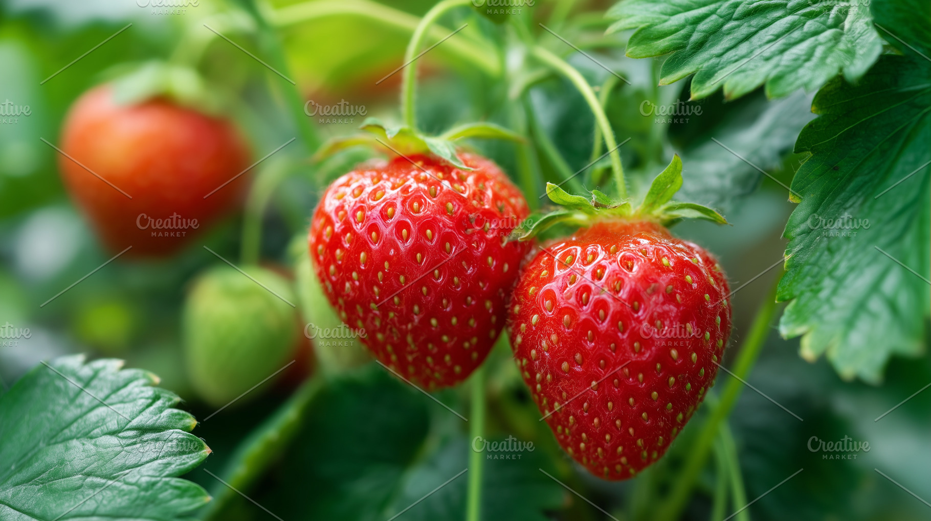 Two ripe strawberries hang in garden, a Food & Drink Photo by MistyDay