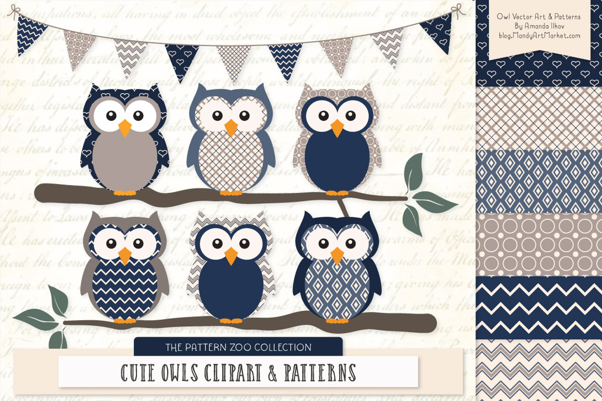 Owls Clipart & Patterns in Navy, an Animal Illustration by Amanda Ilkov (Photo 1 of 4)