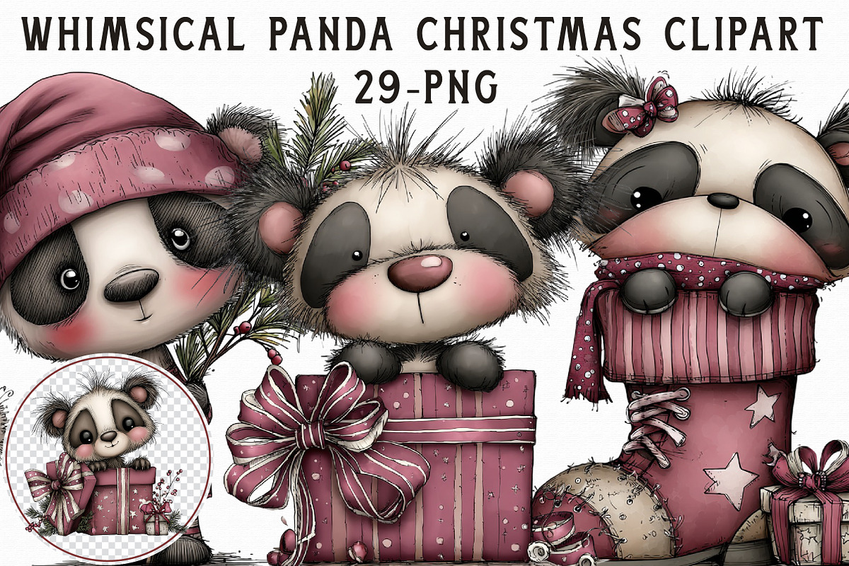 Whimsical Panda Christmas Clipart, an Illustration by Libby Wishes (Photo 1 of 7)