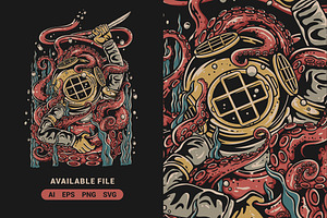 Diver Faces Octopus Monster Vector