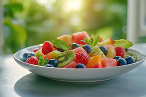 Refreshing summer fruit salad featuring kiwi, berries, and mint for a healthy t, a Food & Drink Photo by AlyaAnd