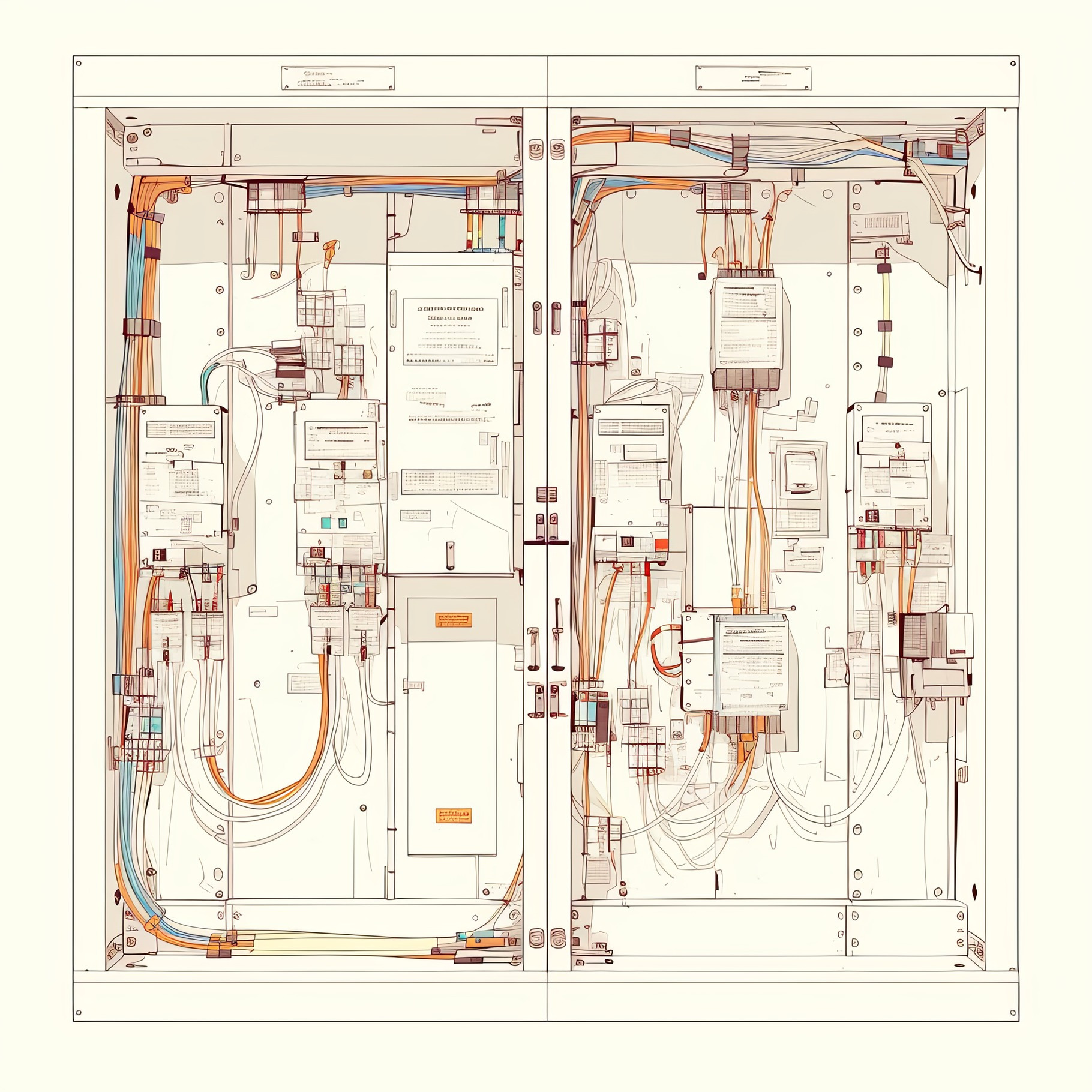 Detailed view of an electrical panel with wiring and components, an ...