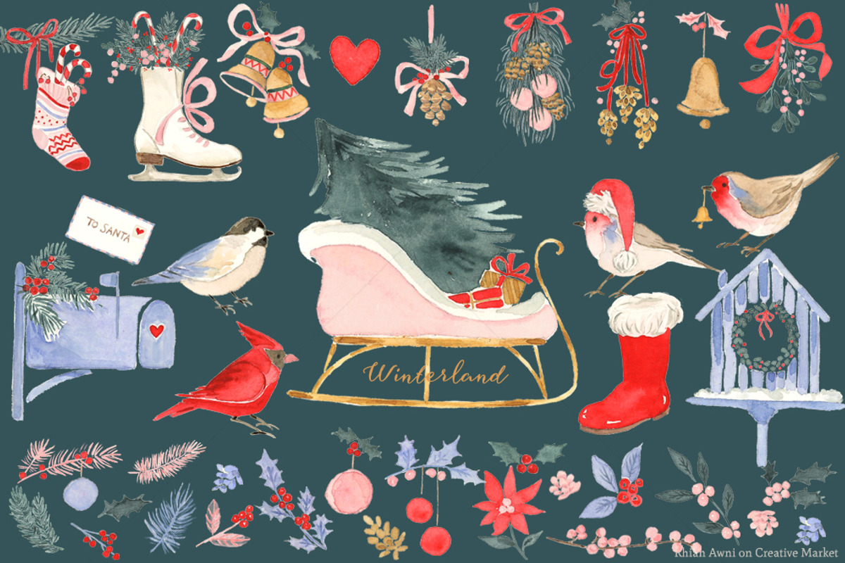 Watercolor Holiday Clipart Set, a Decorative Illustration by RhianAwni (Photo 1 of 4)