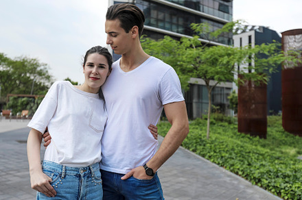 Portrait of smiling beautiful woman and her handsome boyfriend in casual summer, a Person Photo by 2Design