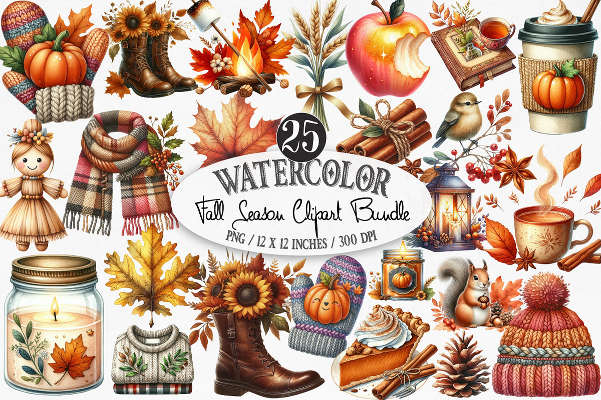 Watercolor Fall Season Clipart, an Illustration by Designking (Photo 1 of 4)