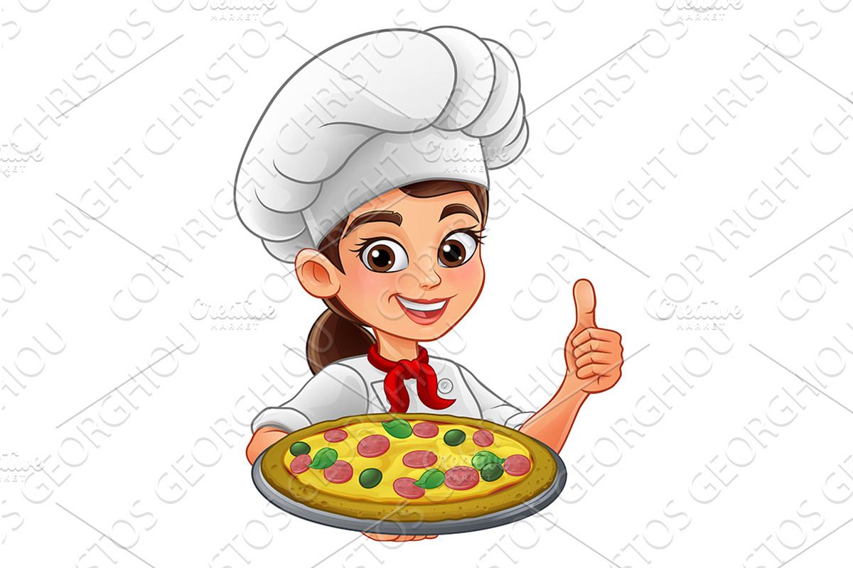 Female Chef Woman Cartoon With Pizza, a Food Illustration by Christos Georghiou