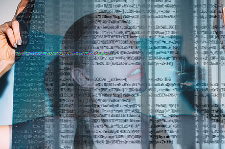 Facial recognition woman glitch encryption data, a Technology Photo by Photo Drive Studio