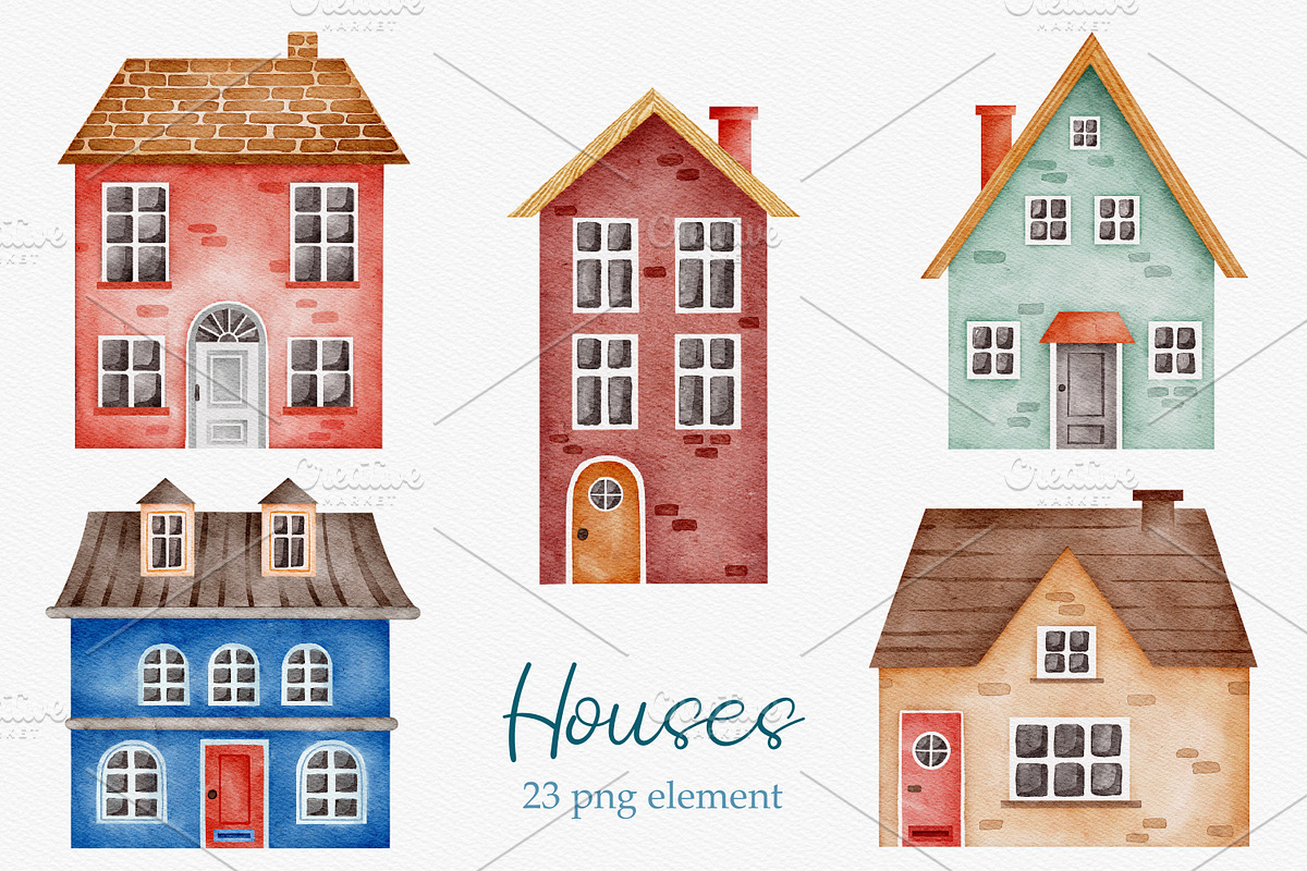 Watercolor Winter Houses clipart, a Decorative Illustration by LuiDesignStudio (Photo 2 of 5)