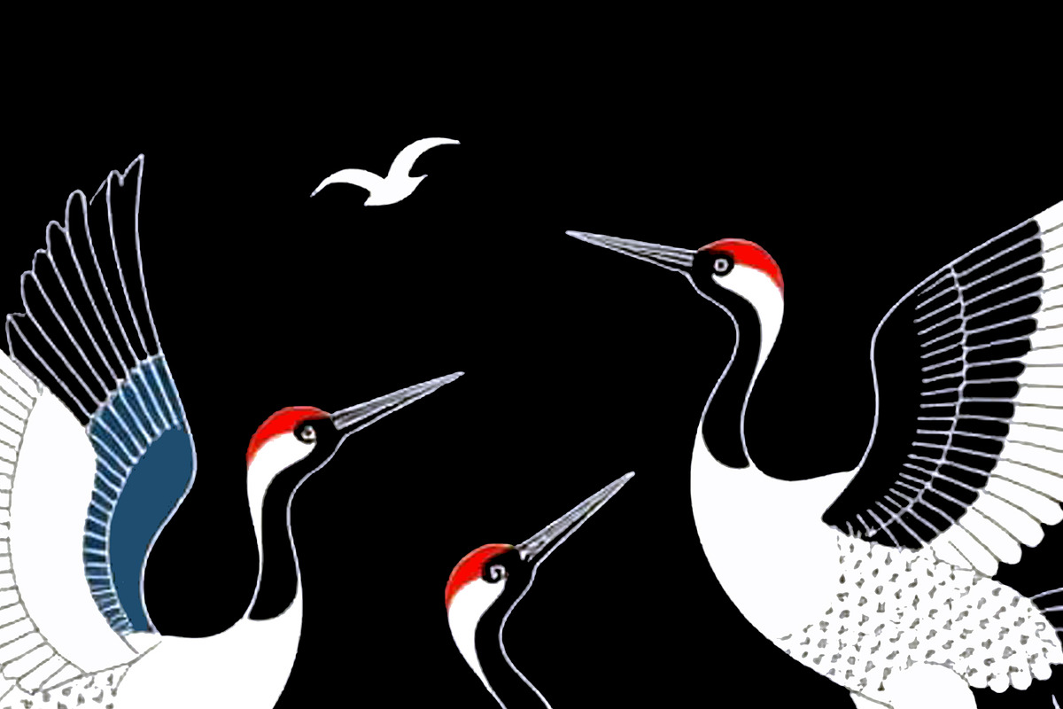 Oriental Cranes with Blue Flowers, an Animal Illustration by Sharon Schwalbe (Photo 3 of 4)