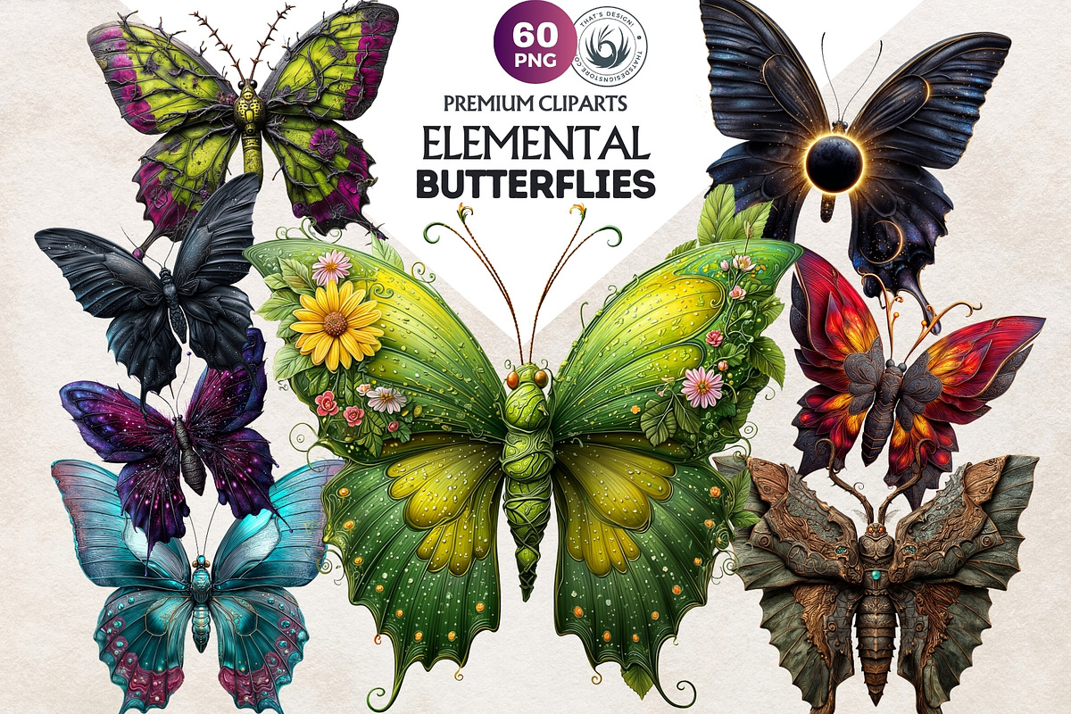 Fantasy Elemental Butterfly Cliparts, an Animal Illustration by ThatsDesignArt (Photo 1 of 10)