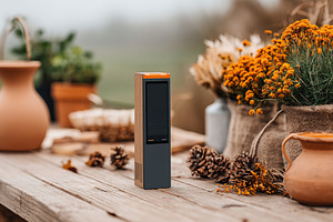 Stylish modern sensor placed among flowers and decorative items in a rustic set, a Photo by AlyaAnd