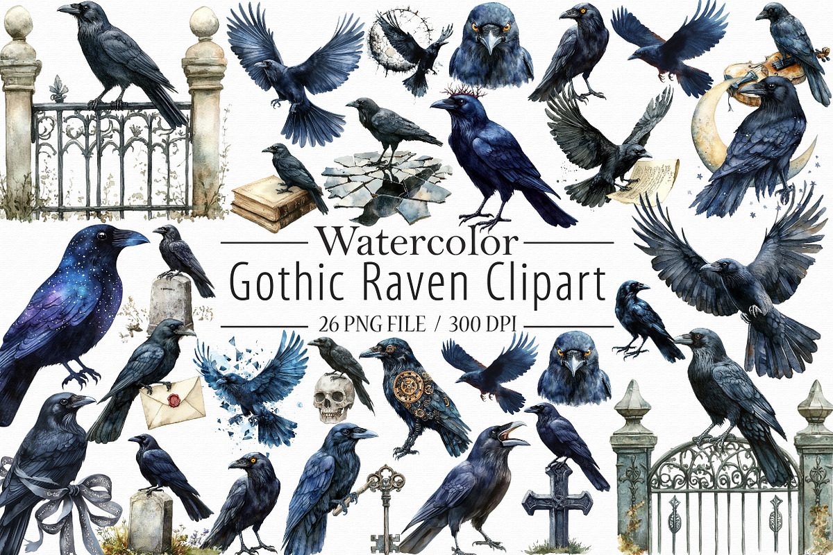 Gothic Raven Clipart, an Illustration by Libby Wishes (Photo 1 of 8)