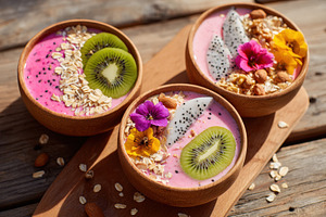 Colorful smoothie bowls with fruits and flowers, a Food & Drink Photo by AlyaAnd