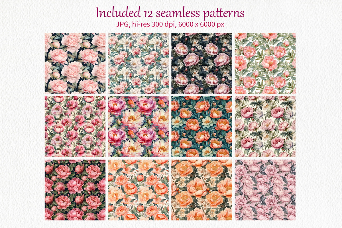 Peony Flowers Seamless Patterns, a Pattern Graphic by ArtIrisArt (Photo 2 of 12)