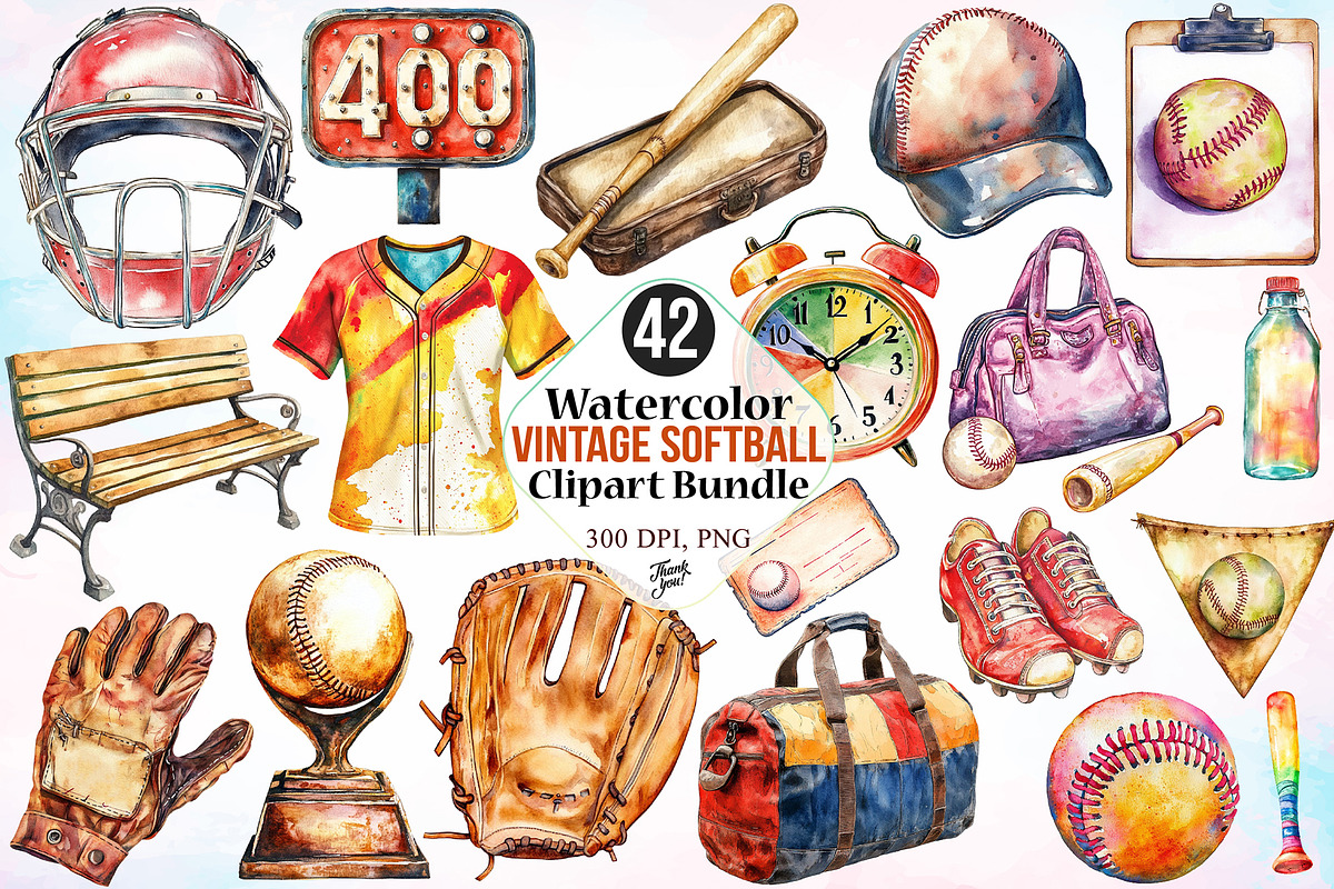 Watercolor Vintage Softball Clipart, a Seasonal Illustration by Canvas Craft (Photo 1 of 3)