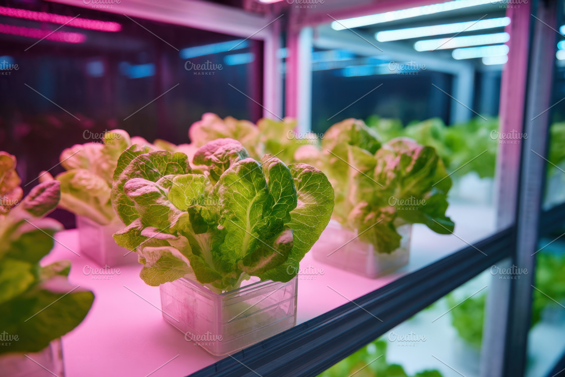 Fresh lettuce in hydroponic system under LED lights, a Nature Photo by AlyaAnd