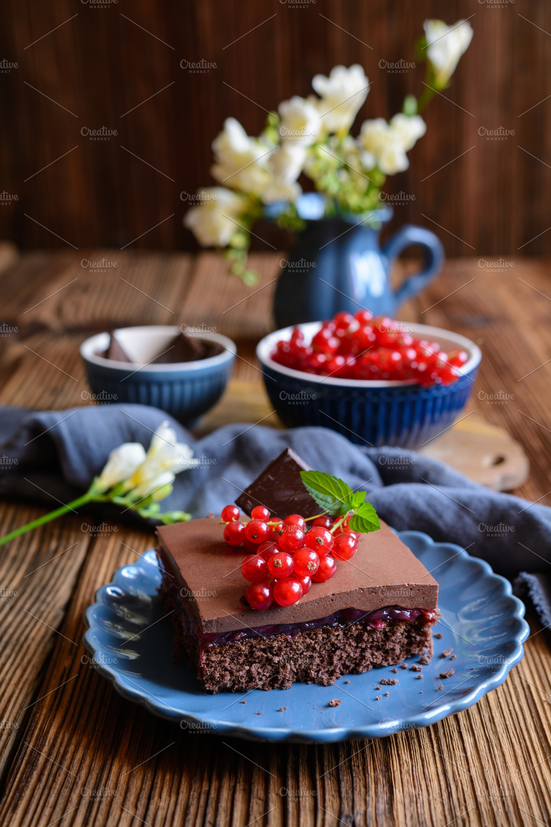 Cocoa dessert with red currant, a Food & Drink Photo by NoirChocolate