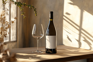 Elegant wine bottle and glass on a wooden table in a sunlit setting, a Food & Drink Photo by AlyaAnd