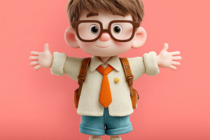 Adorable cartoon schoolboy with glasses and arms wide open weari, a Person Photo by José Manuel Gelpi