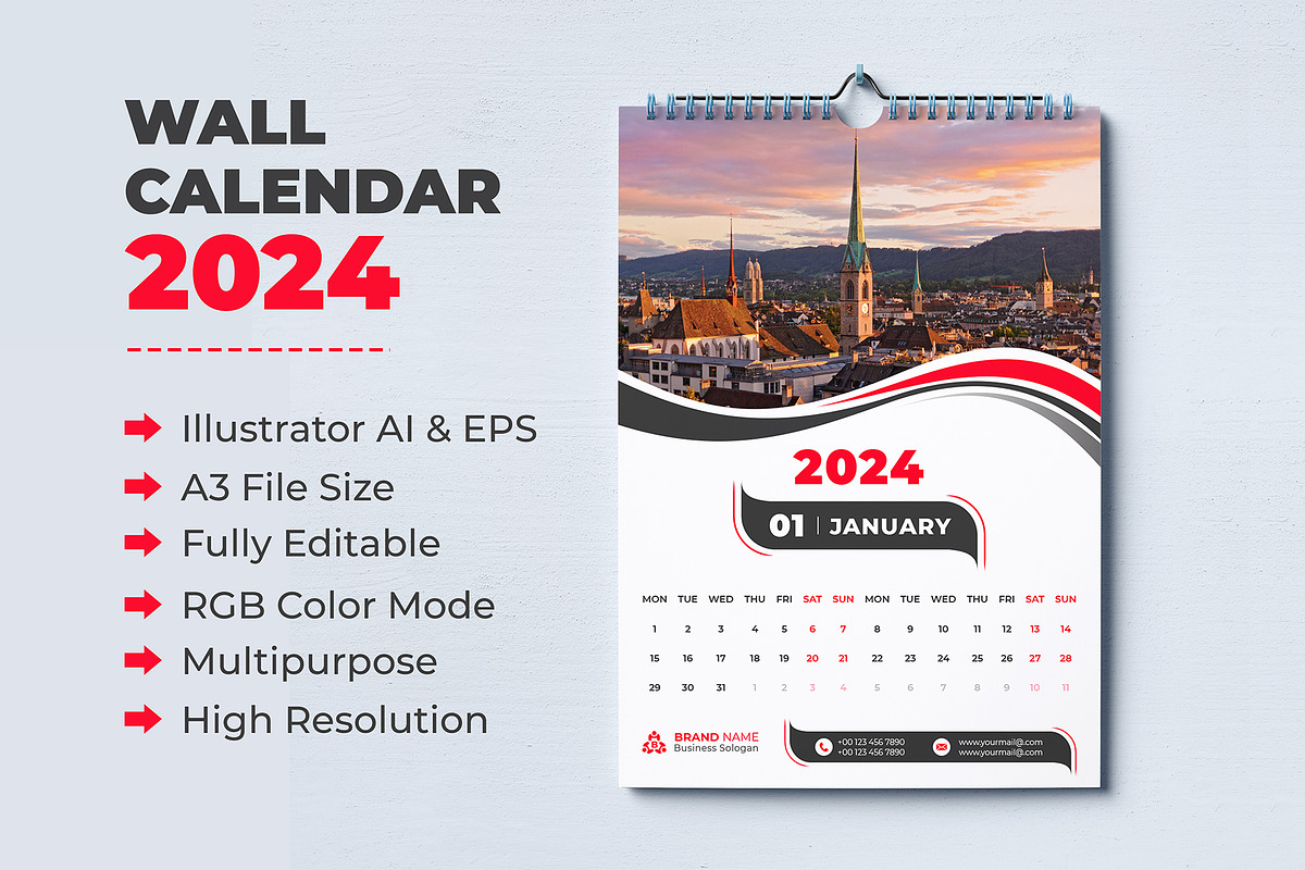 Wall Calendar 2024, a Stationery Template by pixelcreatx (Photo 1 of 7)