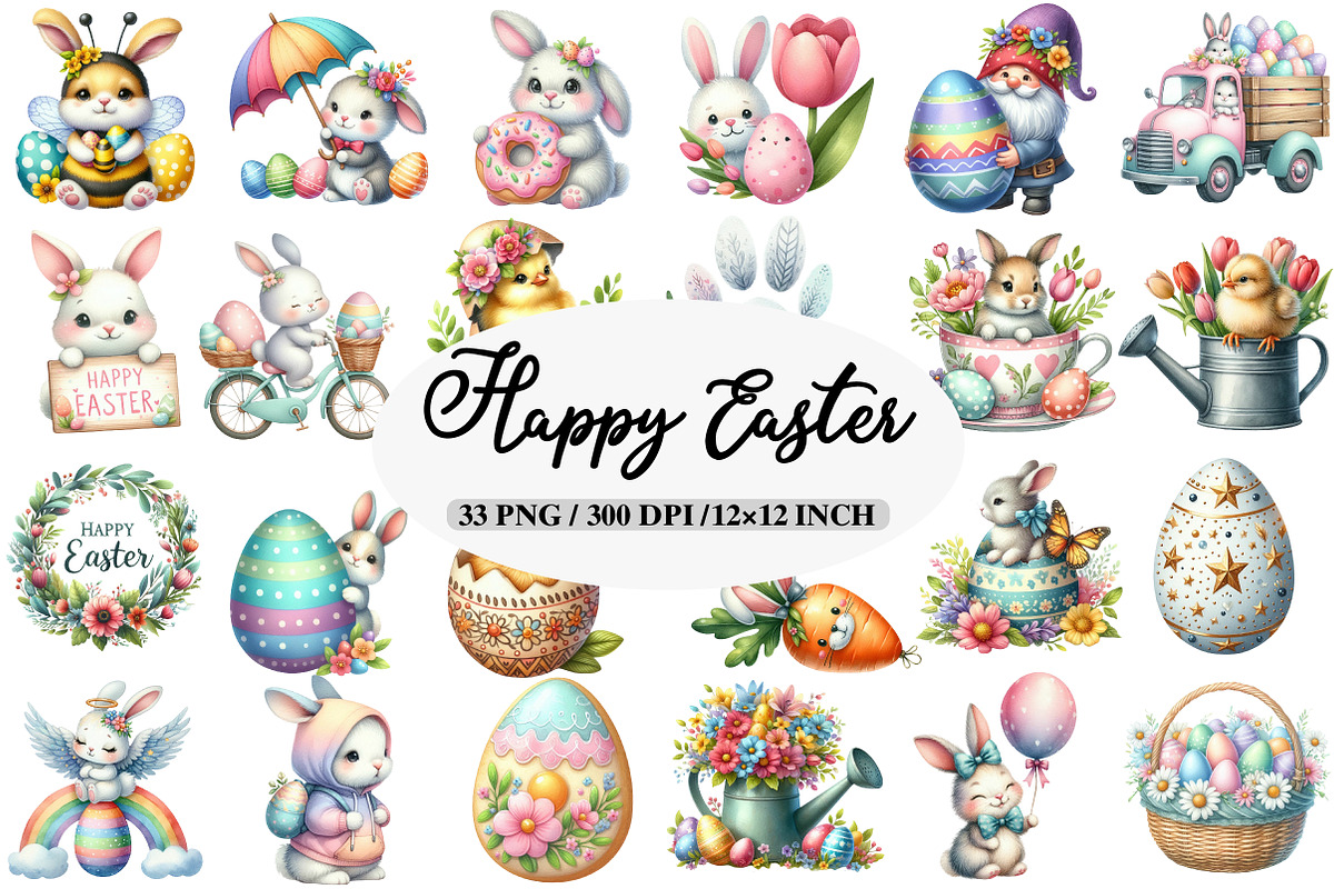 Happy Easter Watercolor Clipart, an Illustration by Daily.Designs (Photo 1 of 5)