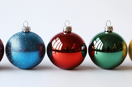 Festive Christmas ornaments in red, blue, green, and gold displa, a Holiday Photo by José Manuel Gelpi