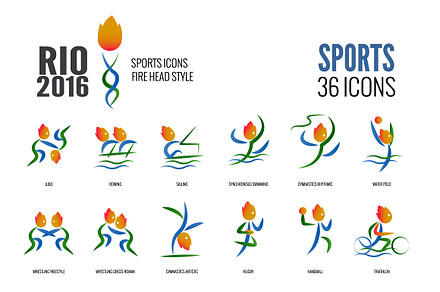 Rio 36 Sports icons: Fire head Style, a Background Graphic by Foxyard studio