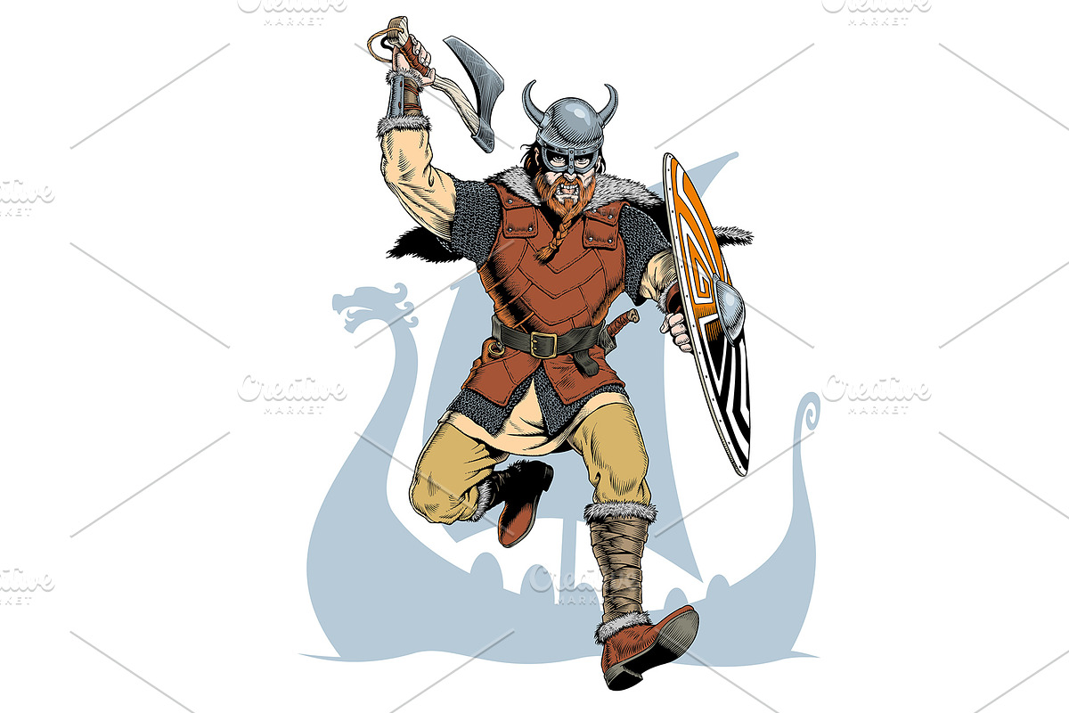 Viking with ax and shield attacks, an Illustration by Ledokolua (Photo 1 of 2)
