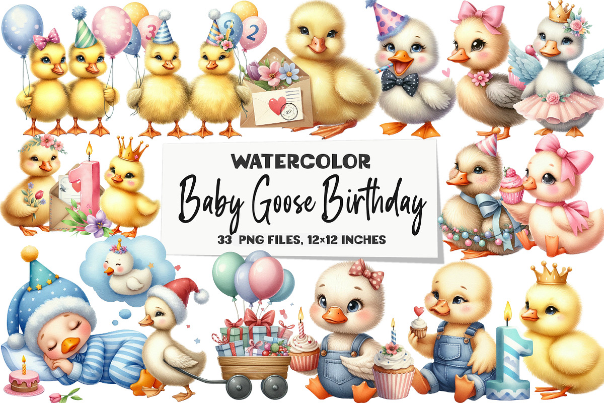 Watercolor Baby Goose Birthday Clipa, an Illustration by DreamArtGraphic (Photo 1 of 5)