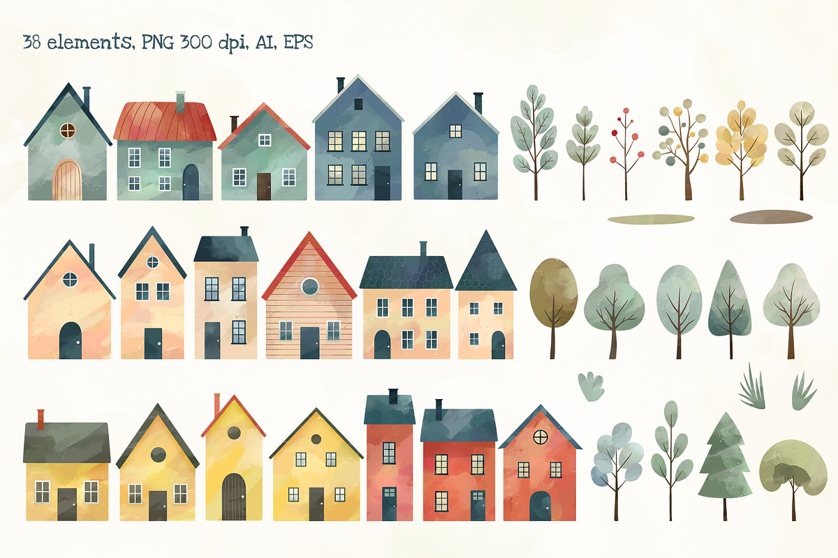 Scandi Houses Watercolor Clipart Set, an Illustration by Hanna's ArtLab (Photo 2 of 8)