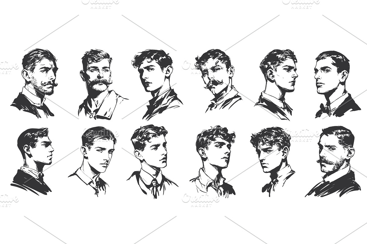 men portrait engraving set. drawing, an Object Illustration by Stock-Smart-Start