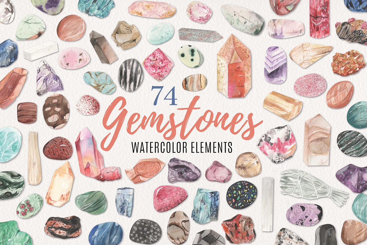 Crystals & Gems Watercolor 74 Set, an Illustration by Bloomella (Photo 1 of 5)